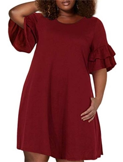 Nemidor Women's Ruffle Sleeve Jersey Knit Plus Size Casual Swing Dress with Pocket