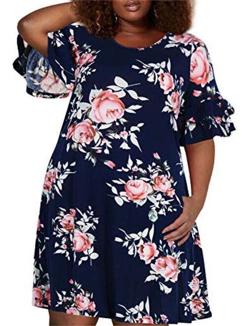 Nemidor Women's Ruffle Sleeve Jersey Knit Plus Size Casual Swing Dress with Pocket