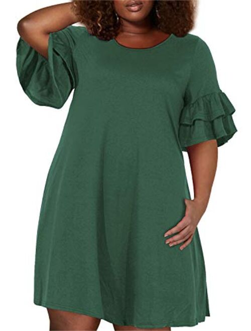 Nemidor Women's Ruffle Sleeve Jersey Knit Plus Size Casual Swing Dress with Pocket