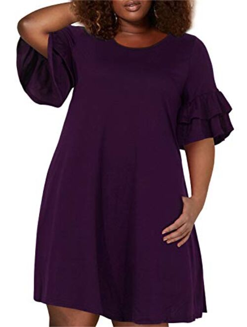 Nemidor Women's Ruffle Sleeve Jersey Knit Plus Size Casual Swing Dress with Pocket