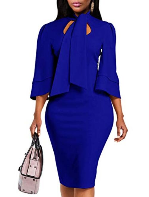 CILKOO Womens Tie Neck Peplum Waist Long Sleeve Bodycon Business Dress(S-XXL)