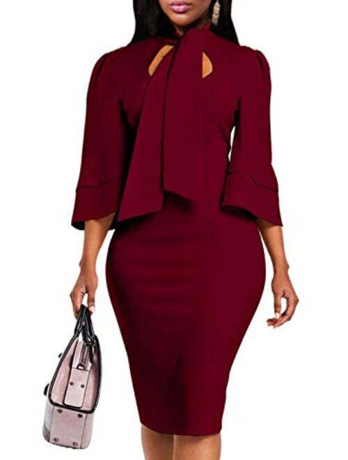 CILKOO Womens Tie Neck Peplum Waist Long Sleeve Bodycon Business Dress(S-XXL)