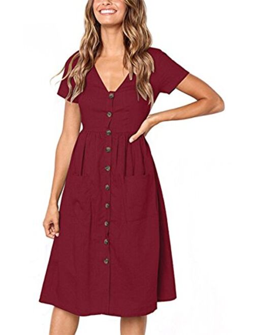 Angashion Women's Dresses-Short Sleeve V Neck Button Decoration T Shirt Midi Skater Dress with Pockets