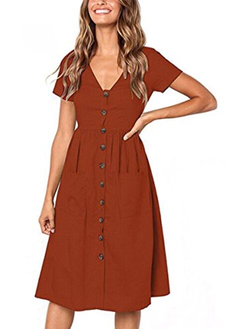 Angashion Women's Dresses-Short Sleeve V Neck Button Decoration T Shirt Midi Skater Dress with Pockets