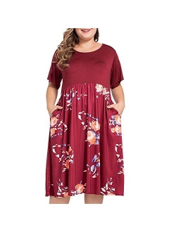 NUONITA Women's Plus Size Dresses Round Neck Floral Print Dress with Pockets