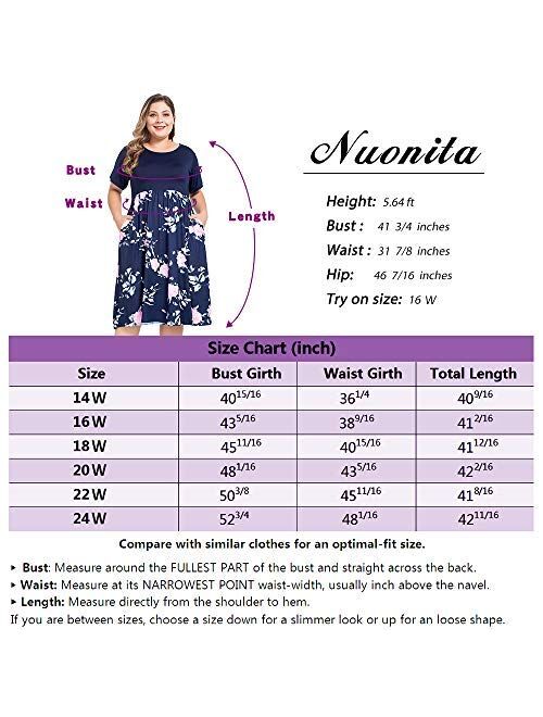 NUONITA Women's Plus Size Dresses Round Neck Floral Print Dress with Pockets