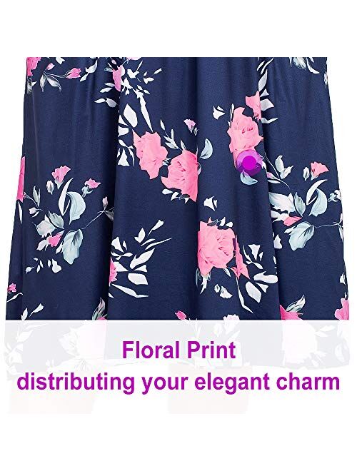 NUONITA Women's Plus Size Dresses Round Neck Floral Print Dress with Pockets