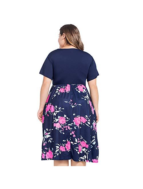 NUONITA Women's Plus Size Dresses Round Neck Floral Print Dress with Pockets