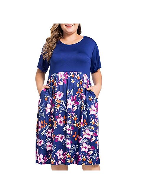 NUONITA Women's Plus Size Dresses Round Neck Floral Print Dress with Pockets