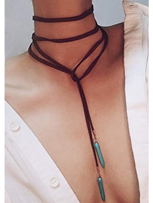 FXmimior Bohemian Long Choker with Turquoise Pendant Sexy Rock Handmade Vintage Necklace Women Accessories