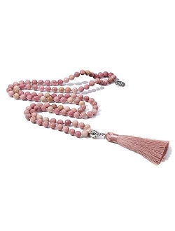 BALIBALI 108 Mala Beads Necklace Semi-Precious Gem Stones Meditation Necklace 108 Hand Knotted Japa Mala Beaded Tassel Necklace with Tree of Life Pendant