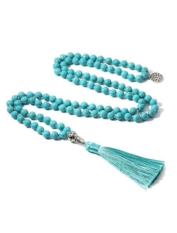 BALIBALI 108 Mala Beads Necklace Semi-Precious Gem Stones Meditation Necklace 108 Hand Knotted Japa Mala Beaded Tassel Necklace with Tree of Life Pendant