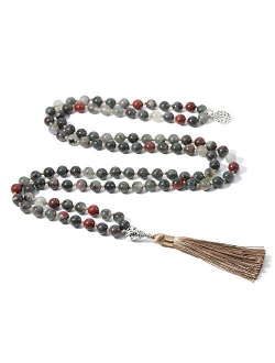 BALIBALI 108 Mala Beads Necklace Semi-Precious Gem Stones Meditation Necklace 108 Hand Knotted Japa Mala Beaded Tassel Necklace with Tree of Life Pendant