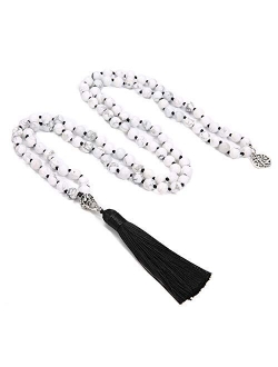 BALIBALI 108 Mala Beads Necklace Semi-Precious Gem Stones Meditation Necklace 108 Hand Knotted Japa Mala Beaded Tassel Necklace with Tree of Life Pendant