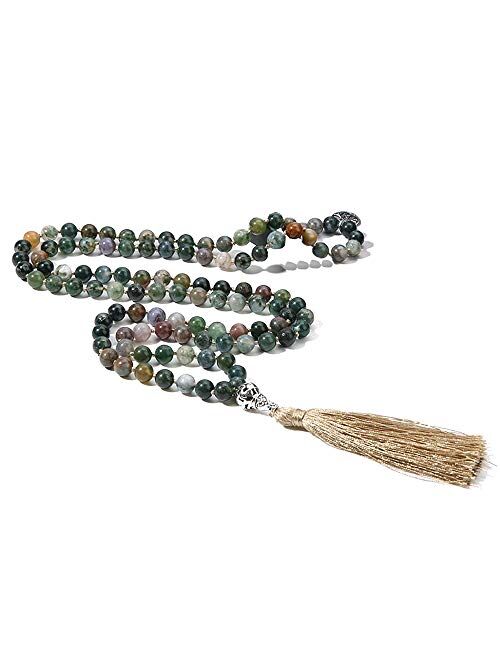 BALIBALI 108 Mala Beads Necklace Semi-Precious Gem Stones Meditation Necklace 108 Hand Knotted Japa Mala Beaded Tassel Necklace with Tree of Life Pendant