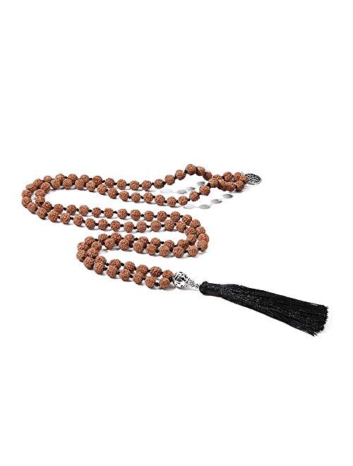 BALIBALI 108 Mala Beads Necklace Semi-Precious Gem Stones Meditation Necklace 108 Hand Knotted Japa Mala Beaded Tassel Necklace with Tree of Life Pendant