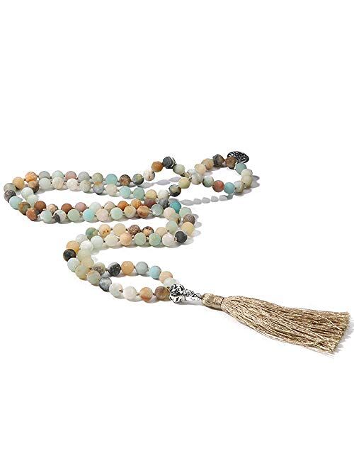 BALIBALI 108 Mala Beads Necklace Semi-Precious Gem Stones Meditation Necklace 108 Hand Knotted Japa Mala Beaded Tassel Necklace with Tree of Life Pendant