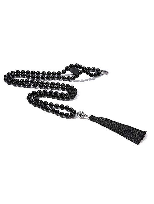 BALIBALI 108 Mala Beads Necklace Semi-Precious Gem Stones Meditation Necklace 108 Hand Knotted Japa Mala Beaded Tassel Necklace with Tree of Life Pendant