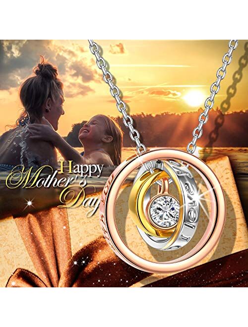 QIANSE Mother's Day Necklaces Gifts Sun of Life Three Rings Design Pendant with Engraving Necklace, Swarovski Crystals Jewelry