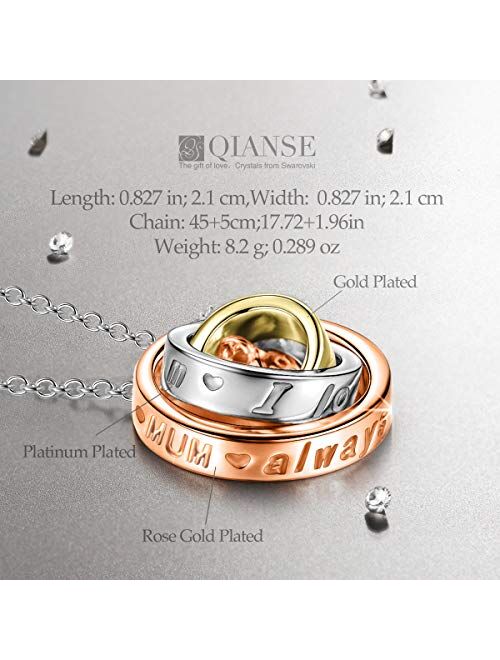QIANSE Mother's Day Necklaces Gifts Sun of Life Three Rings Design Pendant with Engraving Necklace, Swarovski Crystals Jewelry
