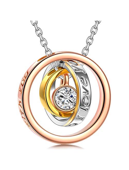 QIANSE Mother's Day Necklaces Gifts Sun of Life Three Rings Design Pendant with Engraving Necklace, Swarovski Crystals Jewelry