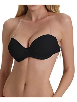 Strapless Bra with Clear Back Invisible Strap Push Up Padded Underwire Backless Halter Bralette