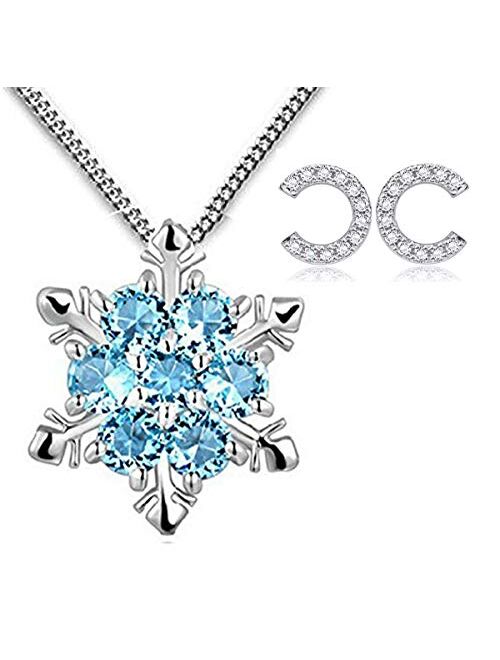 findout Women 925 Silver Cubic Zirconia White Blue Crystal Snownflake Pendant Necklace And Earring Jewellery Set For Women Girls (f1634)