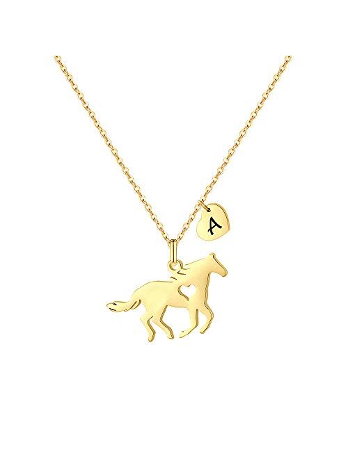 Girls Horse Necklace, Dainty Horse Jewelry for Girls Initial Necklace, Stainless Steel Kids Heart Initial Necklace Horse Girl Horse Pendant Letter Necklace Horse Gifts fo