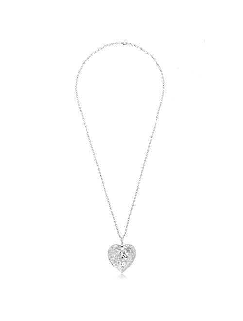 Gem Stone King Locket Pendant Necklace Charm 1.5inches Engraved Flowers Heart Shape + 28 Inch Chain