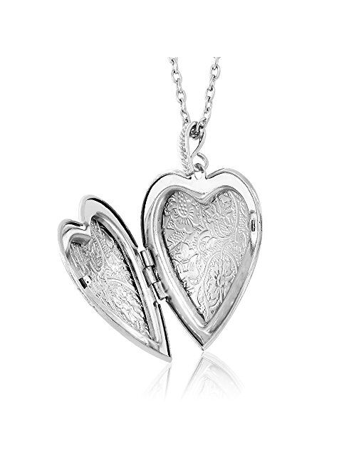 Gem Stone King Locket Pendant Necklace Charm 1.5inches Engraved Flowers Heart Shape + 28 Inch Chain