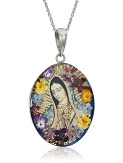 Sterling Silver Pressed Flower Guardian Angel or Our Lady of Guadalupe Pendant