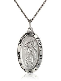 Sterling Silver Oval Saint Christopher Medal Necklace with Rhodium Plated Stainless Steel Chain, 20"