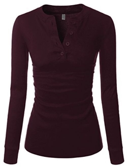 NEARKIN Slim Long Sleeve V Neck Henley Shirts Asymmetrical Tunic Tops for Women