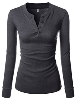 NEARKIN Slim Long Sleeve V Neck Henley Shirts Asymmetrical Tunic Tops for Women