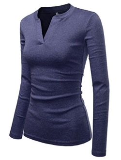 NEARKIN Slim Long Sleeve V Neck Henley Shirts Asymmetrical Tunic Tops for Women