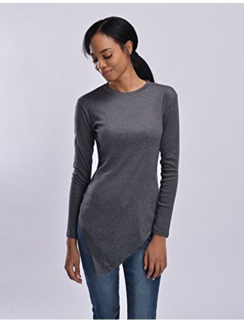 NEARKIN Slim Long Sleeve V Neck Henley Shirts Asymmetrical Tunic Tops for Women