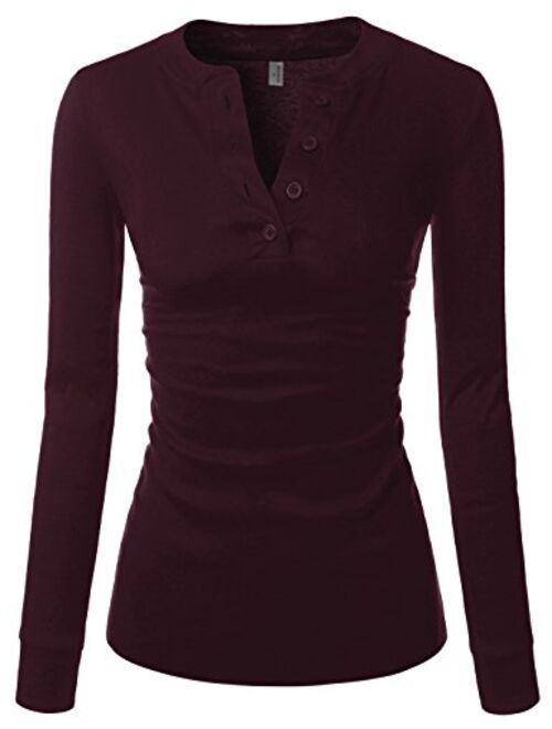 NEARKIN Slim Long Sleeve V Neck Henley Shirts Asymmetrical Tunic Tops for Women