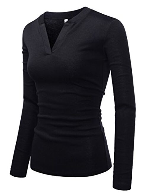 NEARKIN Slim Long Sleeve V Neck Henley Shirts Asymmetrical Tunic Tops for Women