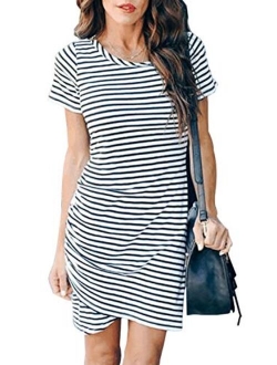 Walant Women Casual Crew Neck Short Sleeve Ruched Stretchy Bodycon T Shirt Short Mini Dress