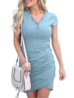 Walant Women Casual Crew Neck Short Sleeve Ruched Stretchy Bodycon T Shirt Short Mini Dress