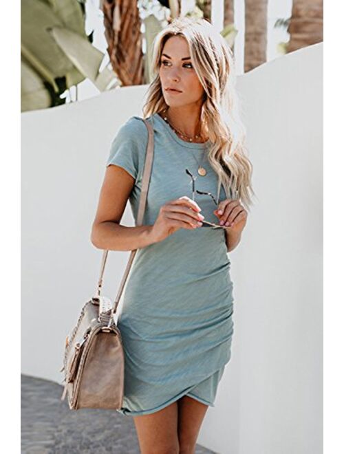 Walant Women Casual Crew Neck Short Sleeve Ruched Stretchy Bodycon T Shirt Short Mini Dress