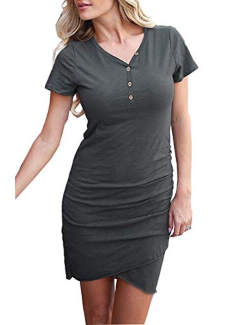 Walant Women Casual Crew Neck Short Sleeve Ruched Stretchy Bodycon T Shirt Short Mini Dress