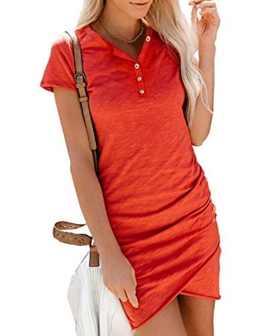 Walant Women Casual Crew Neck Short Sleeve Ruched Stretchy Bodycon T Shirt Short Mini Dress