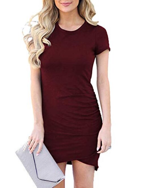 Walant Women Casual Crew Neck Short Sleeve Ruched Stretchy Bodycon T Shirt Short Mini Dress