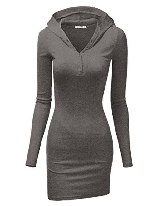 Doublju Womens Long Sleeve Henley Neck Basic Hoodie Dress