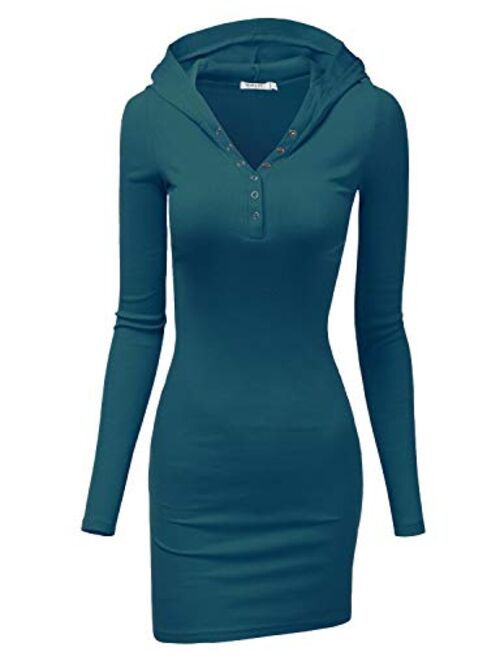 Doublju Womens Long Sleeve Henley Neck Basic Hoodie Dress