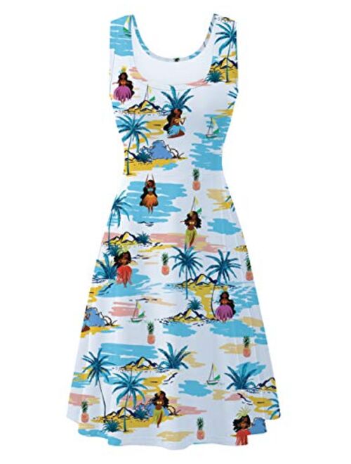 uideazone Women's Sleeveless Scoop Neck Summer Beach Casual Midi A Line Dress