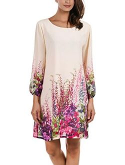 DJT Women's Floral Pattern 3/4 Sleeve Loose Fit Chiffon Tunic Dress