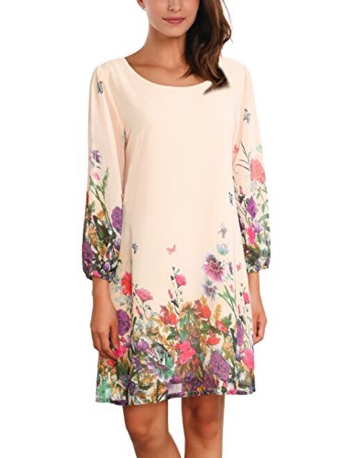 DJT Women's Floral Pattern 3/4 Sleeve Loose Fit Chiffon Tunic Dress