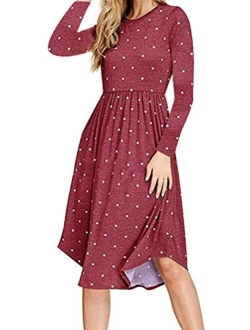 YUNDAI Women Long Sleeve Pleated Polka Dot Pocket Loose Swing Casual Midi Dress